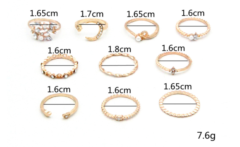 Bohemian Fashion Star Moon Love Pearl Leaf 10-Piece Ring - XIEL