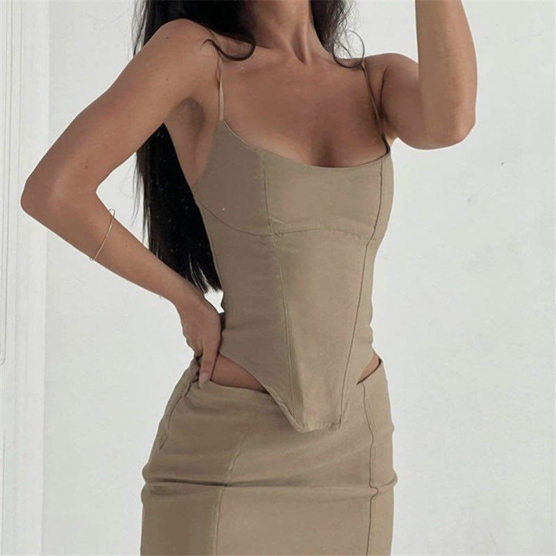 Summer New Solid Color Camisole High Waist Sheath Skirt - XIEL