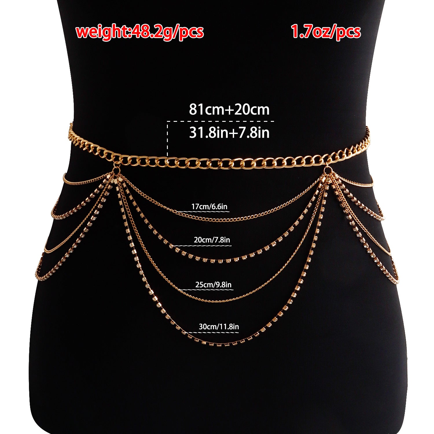 Trendy Hot Girl Waist Chain Rhinestone Wave Type Body Chains - XIEL