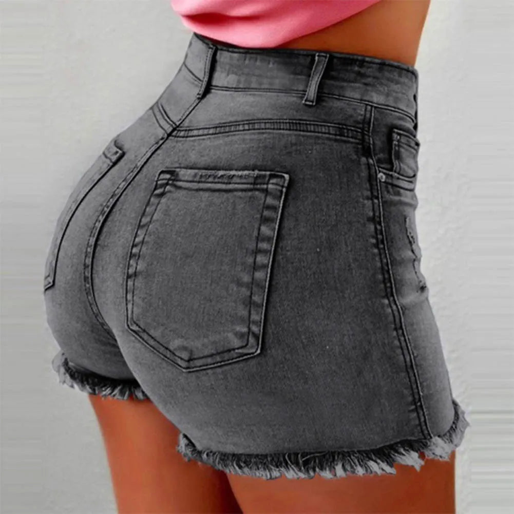 High Waist Women's Denim Shorts with Fringe Detailing - XIEL