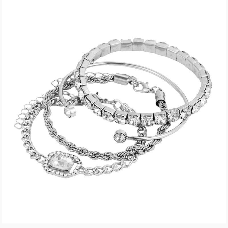 Vintage Personalized Twist Exaggerated Punk Diamond Open-ended Bracelet Suit 4 Pieces - XIEL