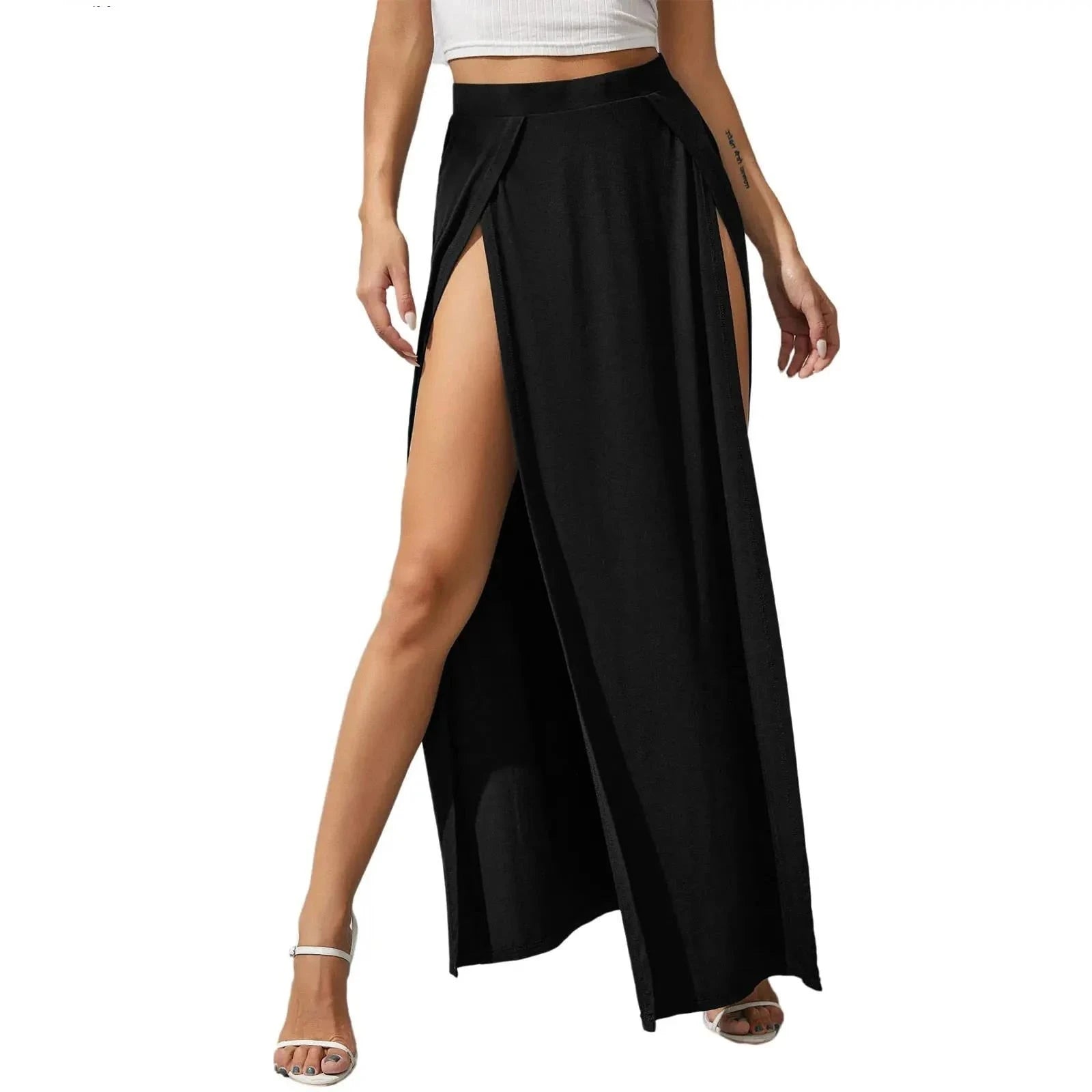 Solid Loose Fit Long Beachwear Skirt with High Split and Elastic Waist - XIEL