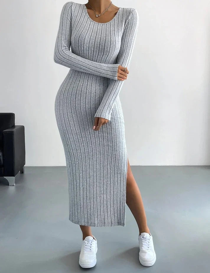 Elegant Long Sleeve Knit Long Dress - XIEL