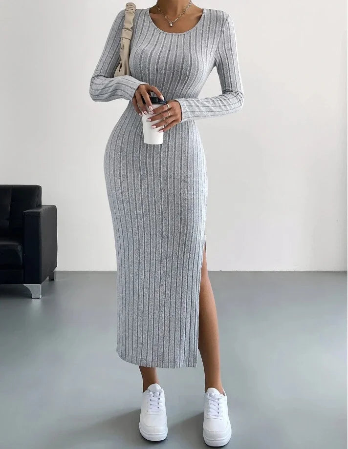 Elegant Long Sleeve Knit Long Dress - XIEL