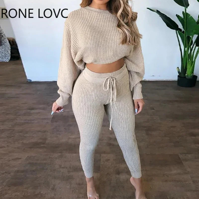 Women's Ribbed Long Sleeve Top and Drawstring Pants Set