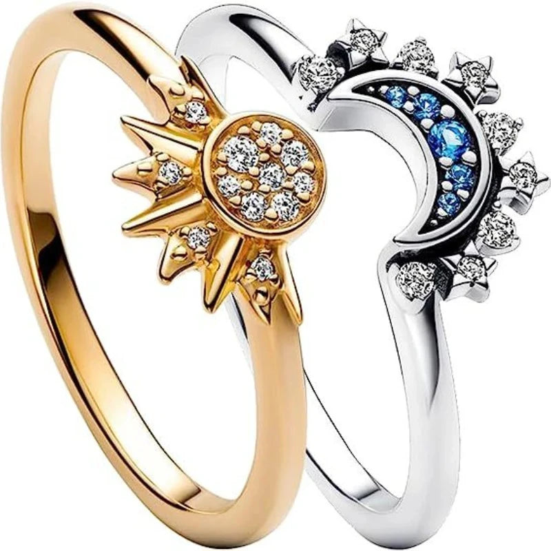 Sky Blue Moon and Sun Couple Ring Set 2pc