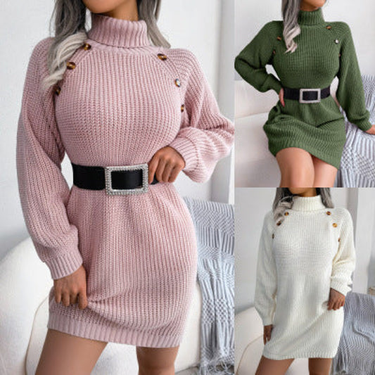 Winter Turtleneck Long Sweater Dress with Button Design