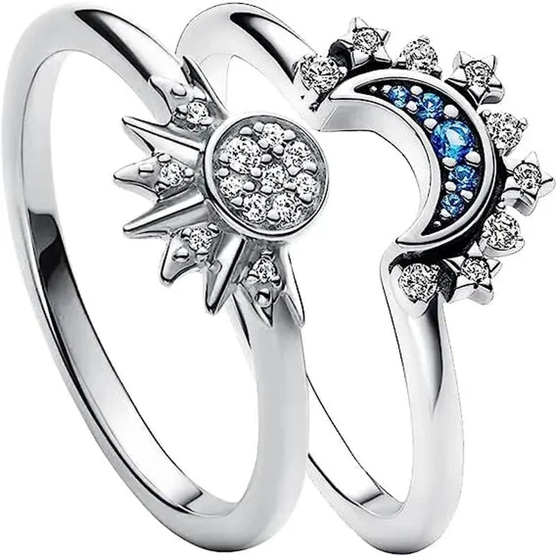 Sky Blue Moon and Sun Couple Ring Set 2pc