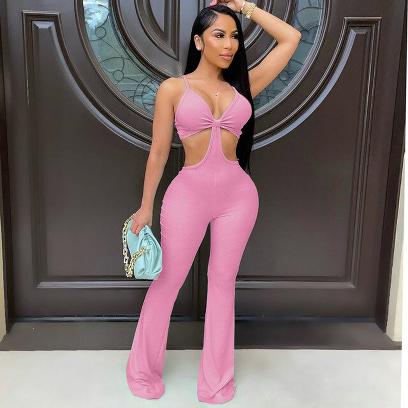 Ribbed Cut Out Workout Long Jumpsuits