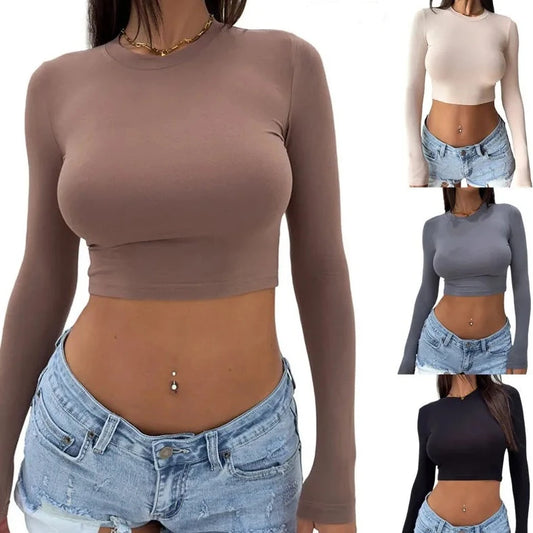 Women's Long Sleeve Slim Crop Top - XIEL