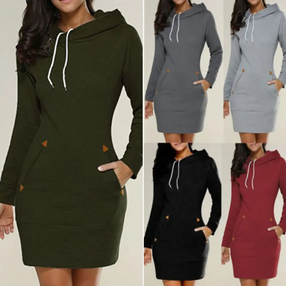 Women's Stylish Hoodie Dress with Zipper Pockets - XIEL