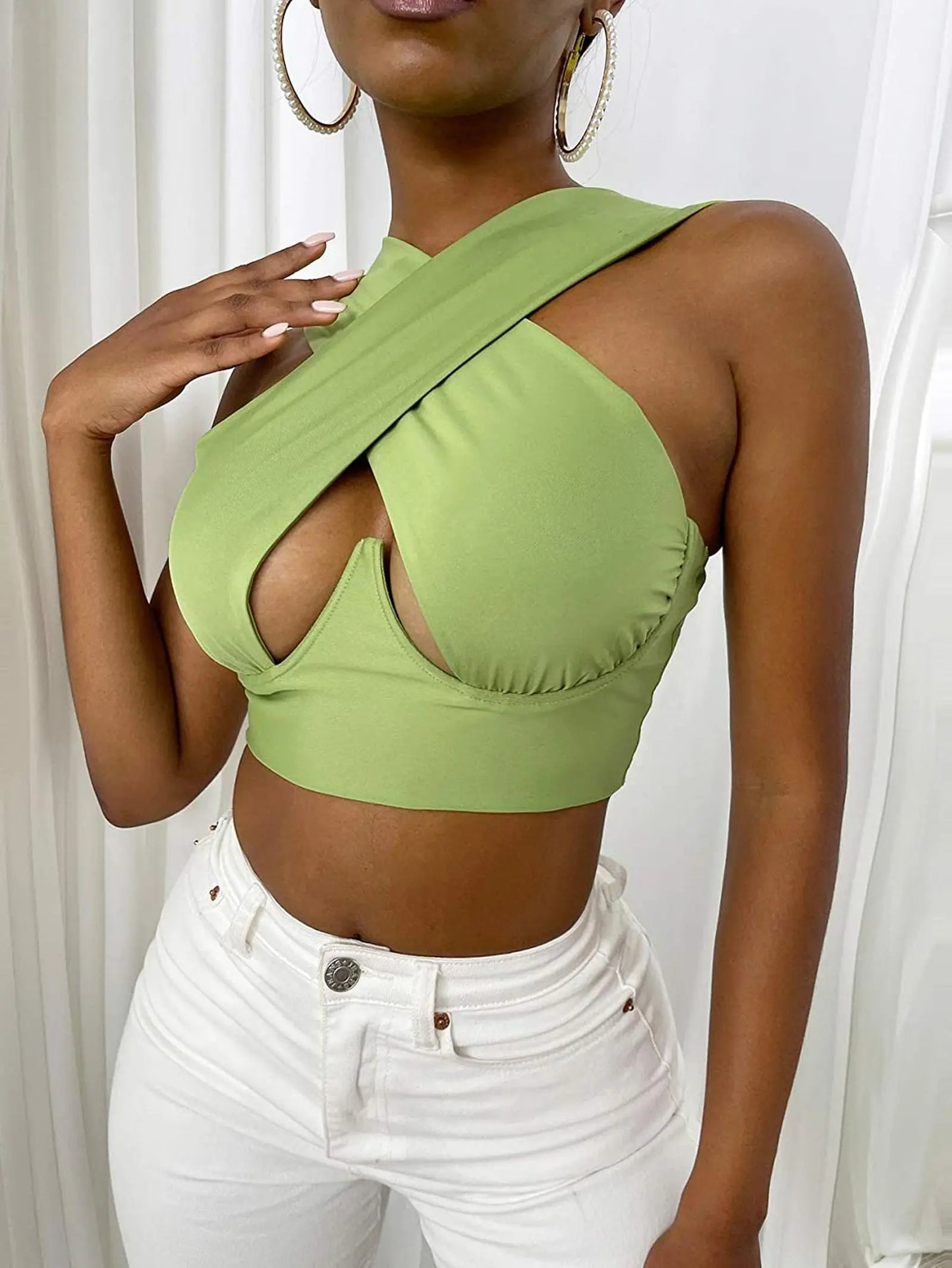 Sleeveless Criss Cross Crop Tank Top for Women - Solid Color Cutout Front, Sexy Clubwear or Streetwear, Summer Bustier Style - XIEL