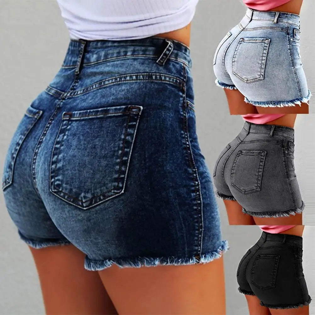 High Waist Women's Denim Shorts with Fringe Detailing - XIEL