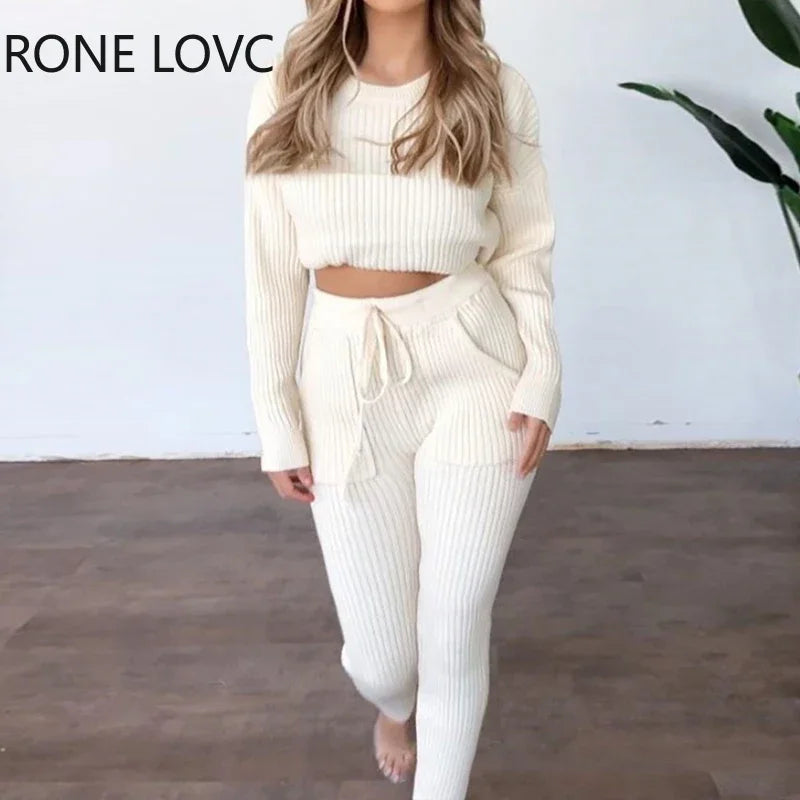 Women's Ribbed Long Sleeve Top and Drawstring Pants Set