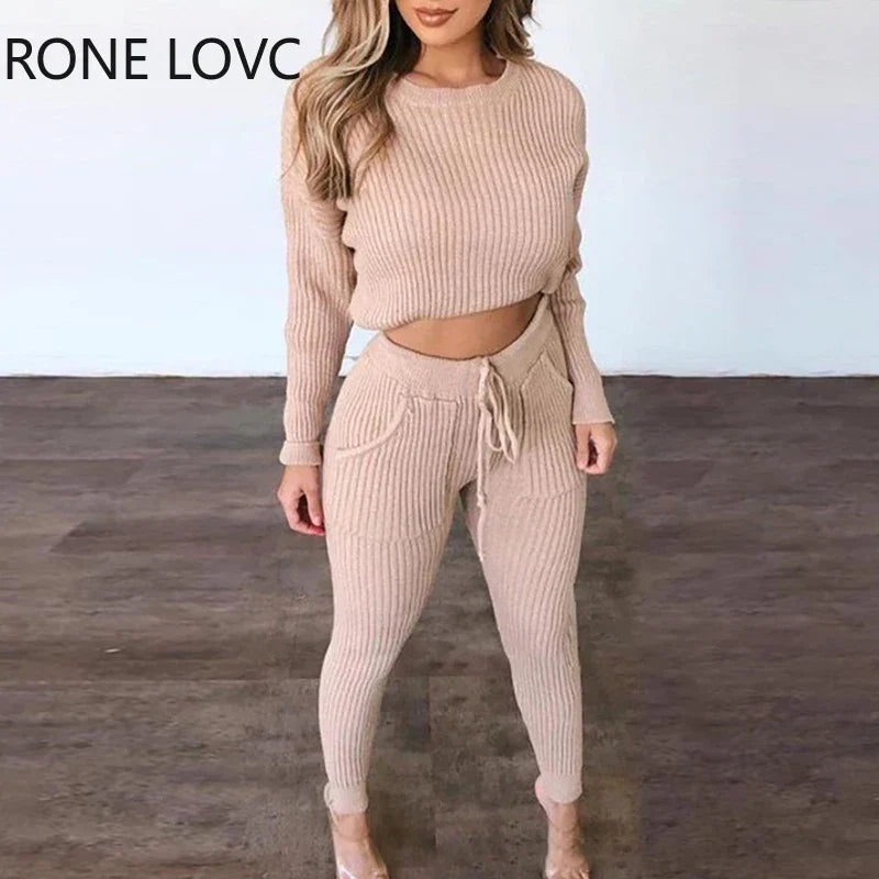 Women's Ribbed Long Sleeve Top and Drawstring Pants Set