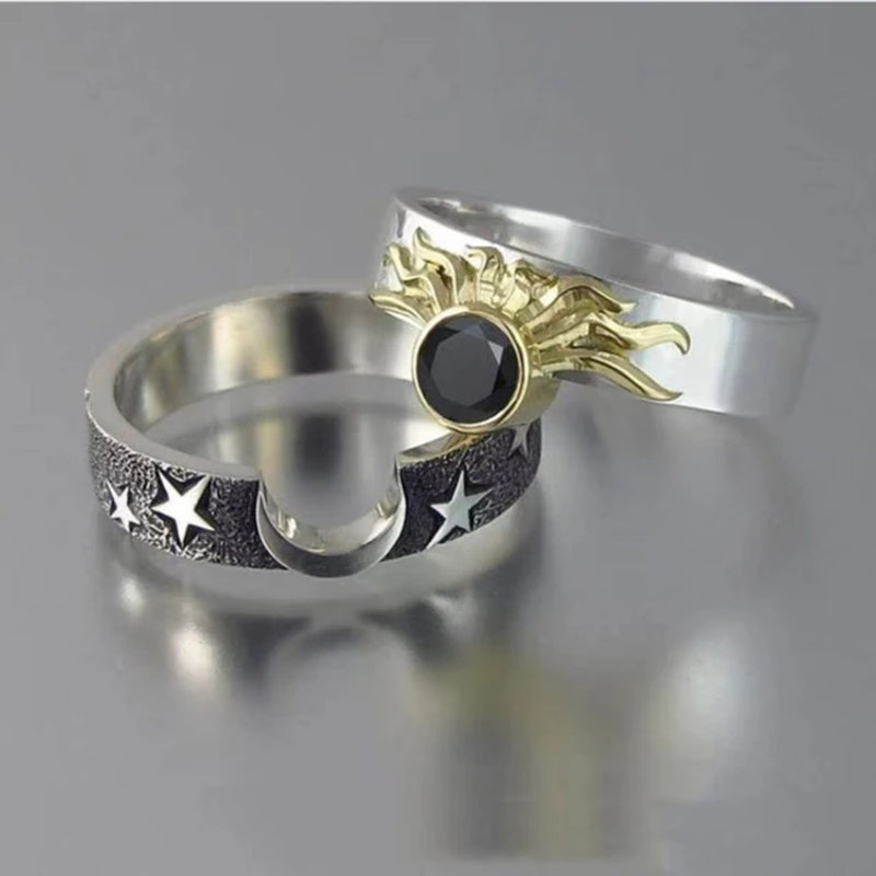 Sky Blue Moon and Sun Couple Ring Set 2pc